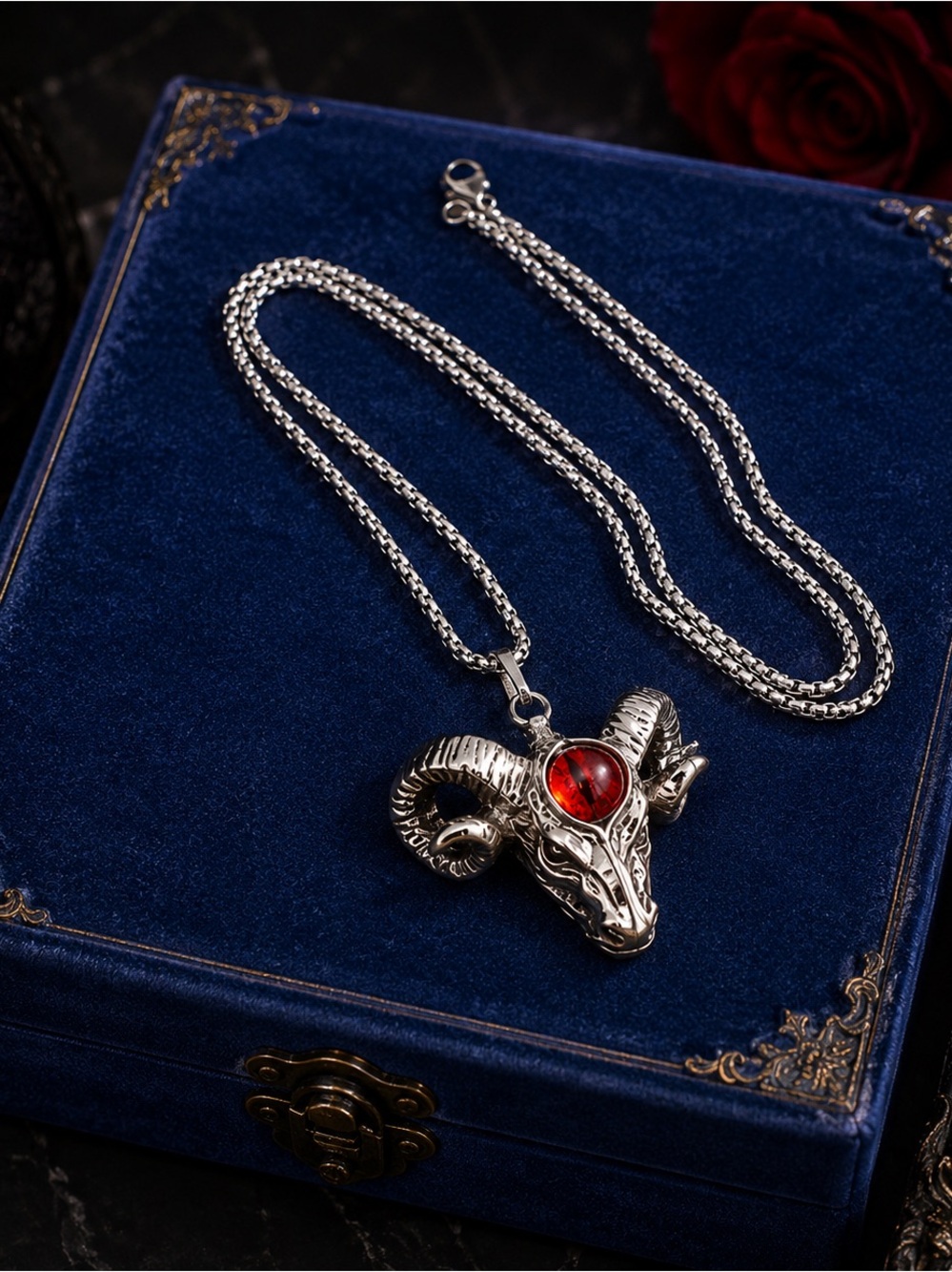 Silver Ram Head Pendant Necklace with Red Gem - Men Accessories